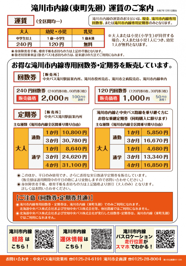 滝川市内線冬ダイヤ時刻表(裏)